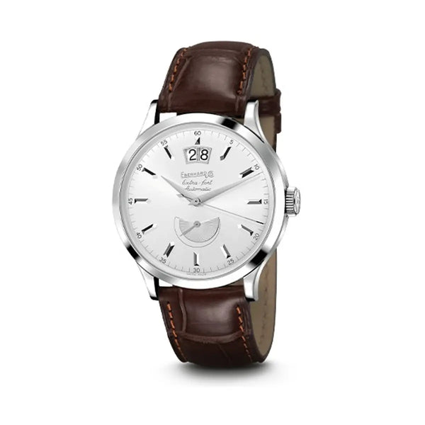 Eberhard & Co Orologio Extra-Fort Grande Date Réserve De Marche quadrante argento cinturino alligatore marrone 41136.1 CP