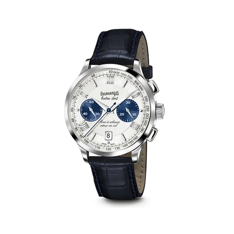 Eberhard & Co Extra-Fort Roue À Colonnes Retour En Vol cronografo automatico quadrante argenté contatori blu cinturino alligatore 31957.05 CP