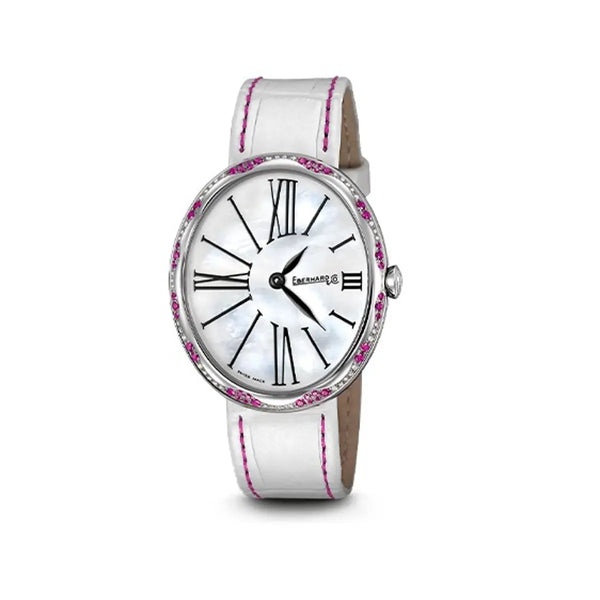 Eberhard & Co Orologio Gilda donna in acciaio con lunetta rubini e brillanti, quadrante madreperla bianco, cinturino coccodrillo bianco 61008.01 BR87/R CP
