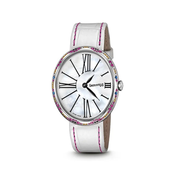 Eberhard & Co Orologio Gilda donna cassa ellittica con lunetta in rubini, zaffiri e brillanti, quadrante madreperla bianco 61008.01 BR87/R+S CP