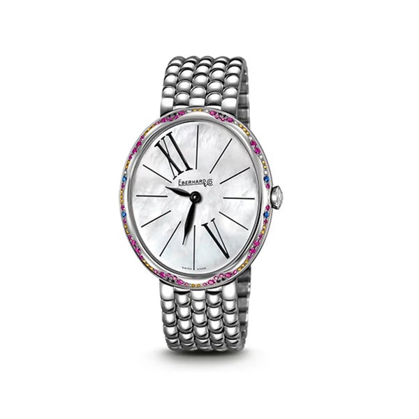 Eberhard & Co Orologio Gilda donna in acciaio con quadrante madreperla bianco e lunetta con rubini, zaffiri e brillanti 61008.03 BR87/R+S CA