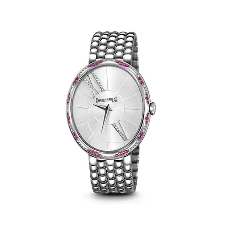 Eberhard & Co Orologio Gilda donna in acciaio con lunetta rubini e brillanti, quadrante bianco satinato 61008.04 BR87/R CA+QB