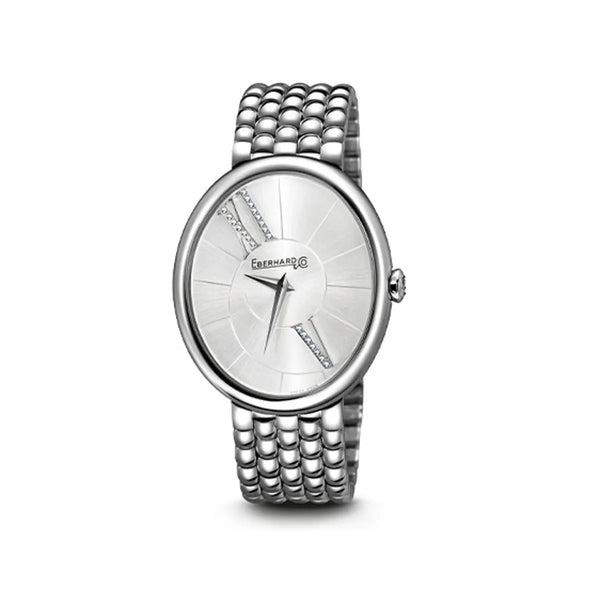 Eberhard & Co Orologio Gilda donna in acciaio con quadrante bianco satinato e bracciale Chéri, cassa ellittica 61008.04 CA+QB