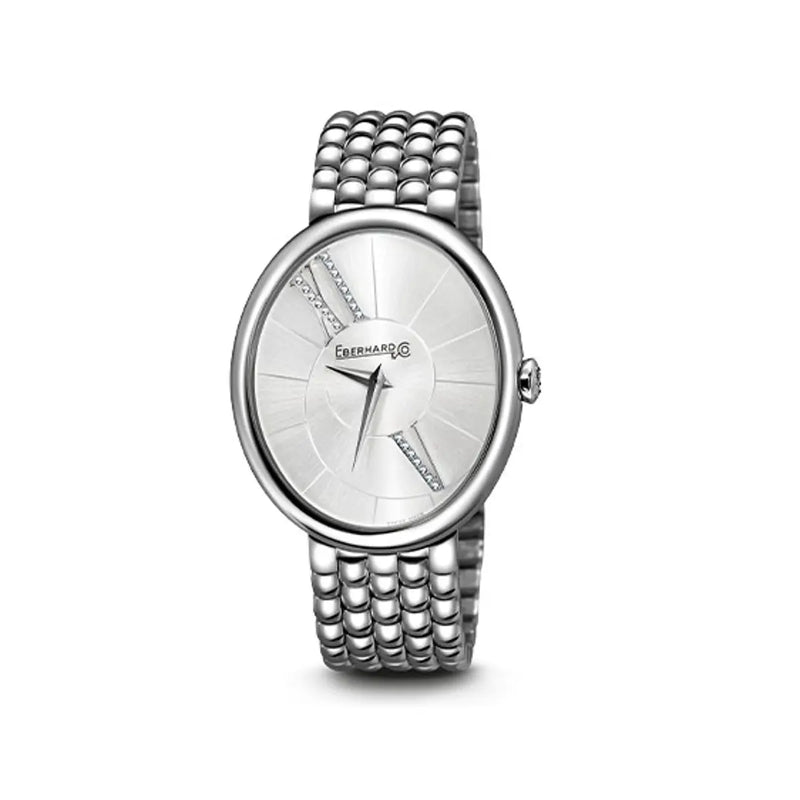 Eberhard & Co Orologio Gilda donna in acciaio con quadrante bianco satinato e bracciale Chéri, cassa ellittica 61008.04 CA+QB