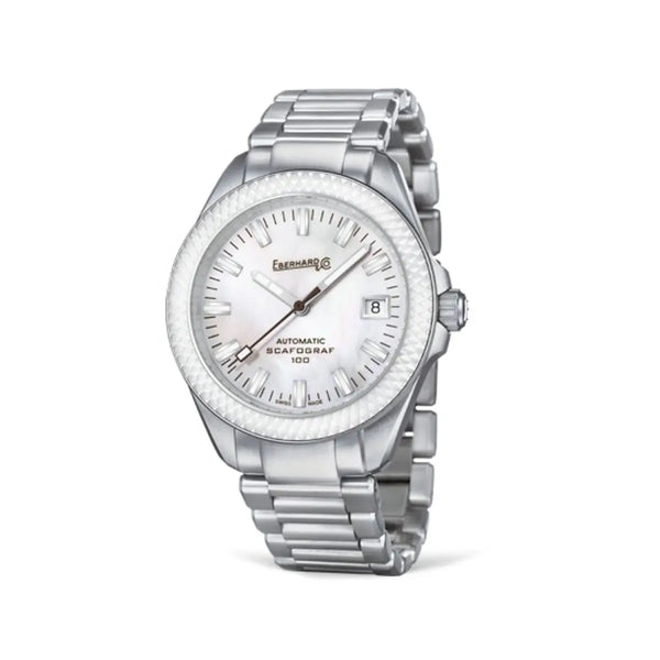 Eberhard & Co Orologio Scafograf 100 donna automatico acciaio quadrante madreperla bianco bracciale Chassis 41039.01 CA