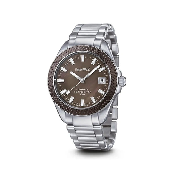 Eberhard & Co Orologio Scafograf 100 donna in acciaio con quadrante madreperla marrone e lunetta ceramica 41039.02 CA