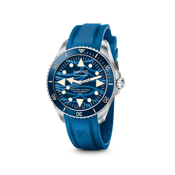 Eberhard & Co Orologio Scafograf 200 Édition Limitée Onde Bleue quadrante blu motivo onde cinturino gomma blu 41046.01 CU