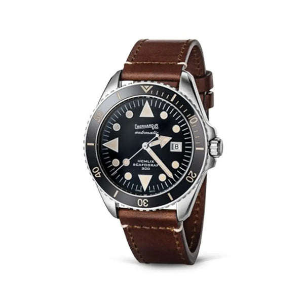 Eberhard & Co Orologio Scafograf 300 Mcmlix subacqueo automatico quadrante nero cinturino pelle marrone 41034.07/VS CP