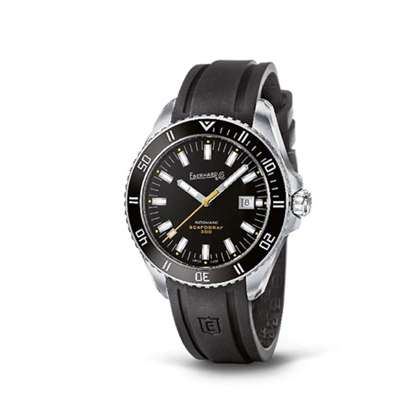 Eberhard & Co Scafograf 300 orologio subacqueo automatico con quadrante nero e cinturino in gomma 41034.01/S CU