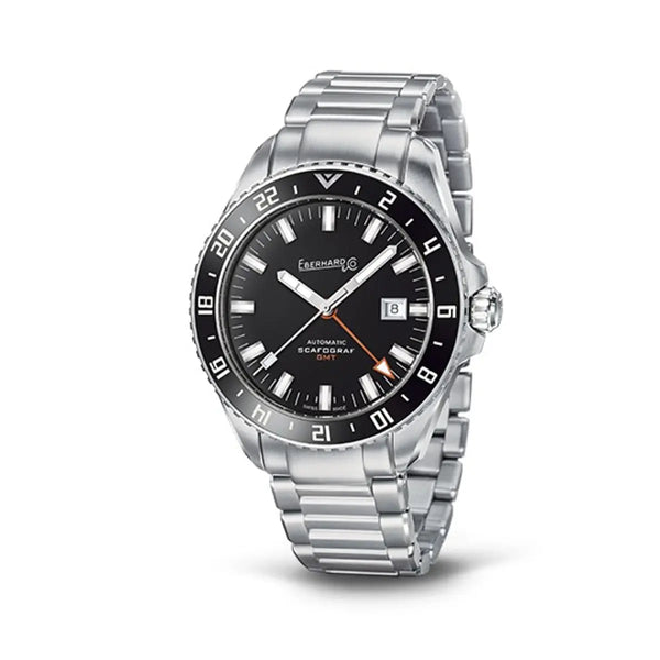 Eberhard & Co Orologio Scafograf Gmt automatico in acciaio con quadrante nero e lunetta ceramica 41038.01 CA2C