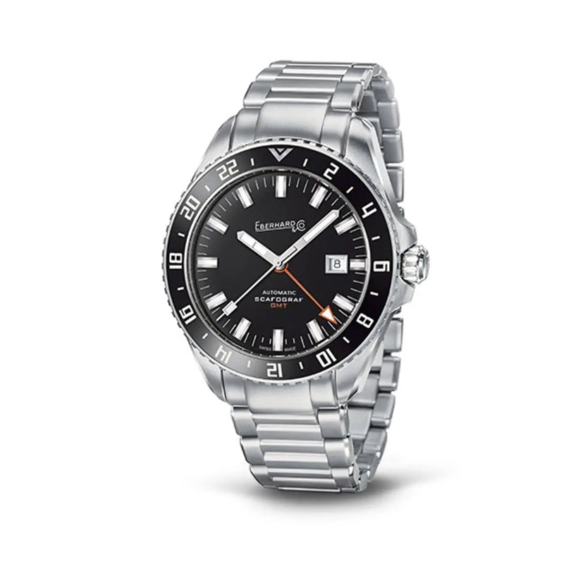 Eberhard & Co Orologio Scafograf Gmt automatico in acciaio con quadrante nero e lunetta ceramica 41038.01 CA2C