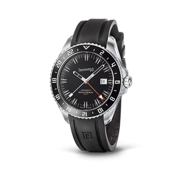 Eberhard & Co Orologio Scafograf Gmt automatico in acciaio con quadrante nero e cinturino in gomma nera 41038.03 CU