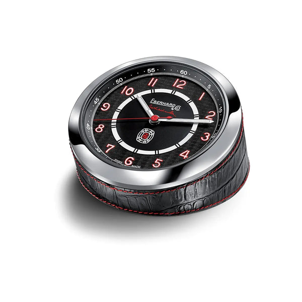 Eberhard & Co Tazio Nuvolari Desk-Clock orologio da tavolo in acciaio con quadrante nero e numeri rossi, base in pelle nera 53009.1 AC