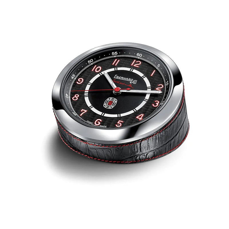 Eberhard & Co Tazio Nuvolari Desk-Clock orologio da tavolo in acciaio con quadrante nero e numeri rossi, base in pelle nera 53009.1 AC