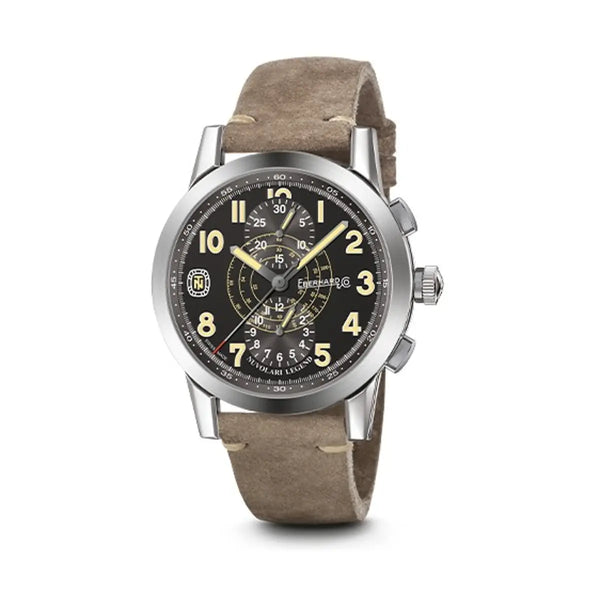 Eberhard & Co Orologio Tazio Nuvolari Legend Grande Taille cronografo automatico quadrante nero cinturino cuoio vintage 31138.01 CP