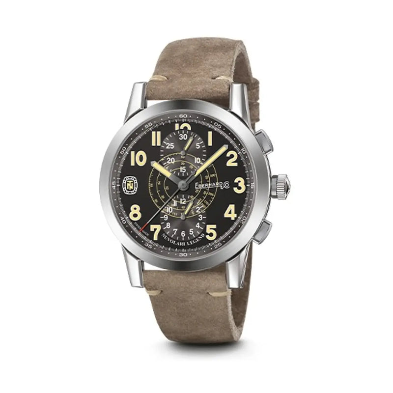 Eberhard & Co Orologio Tazio Nuvolari Legend Grande Taille cronografo automatico quadrante nero cinturino cuoio vintage 31138.01 CP