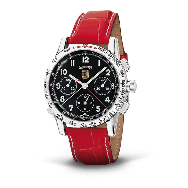 Eberhard & Co Orologio Tazio Nuvolari Rattrapante cronografo automatico quadrante nero cinturino coccodrillo rosso 31055.5 CP