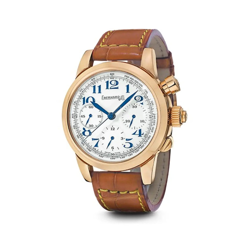 Eberhard & Co Orologio Tazio Nuvolari Vanderbilt Cup cronografo oro rosa 18kt quadrante bianco cinturino alligatore marrone 30061.1 OR F19