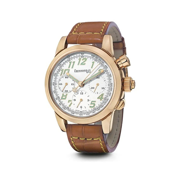 Eberhard & Co Orologio Tazio Nuvolari Vanderbilt Cup cronografo oro rosa 18kt quadrante bianco cinturino alligatore marrone 30061.2 OR F19