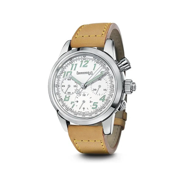 Eberhard & Co Orologio Tazio Nuvolari Vanderbilt Cup cronografo automatico quadrante bianco cinturino cuoio 31045.2 CPD