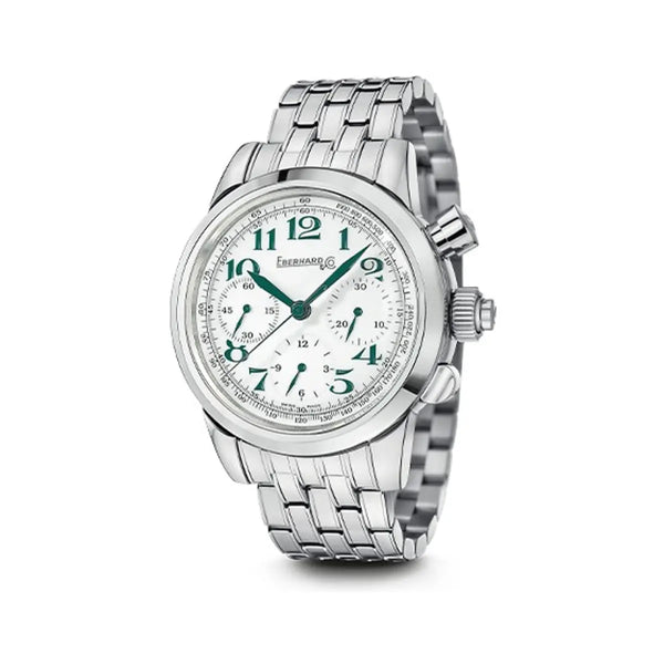 Eberhard & Co Orologio Tazio Nuvolari Vanderbilt Cup cronografo automatico acciaio quadrante bianco numeri verdi 31045.3 CAD