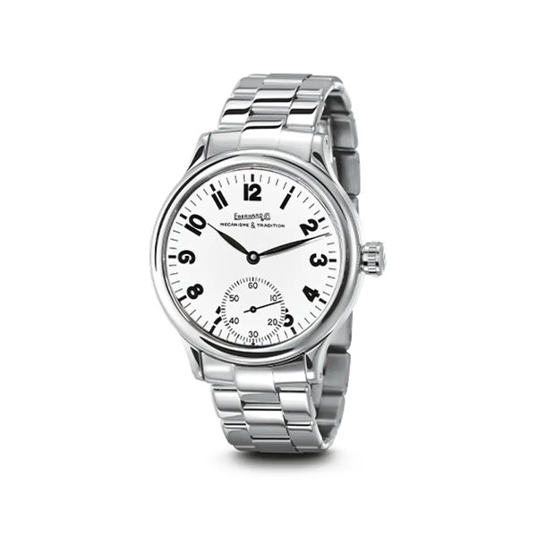 Eberhard & Co Orologio Traversetolo quadrante bianco numeri arabi, bracciale acciaio Chaland, meccanico manuale 21116.21 CA2