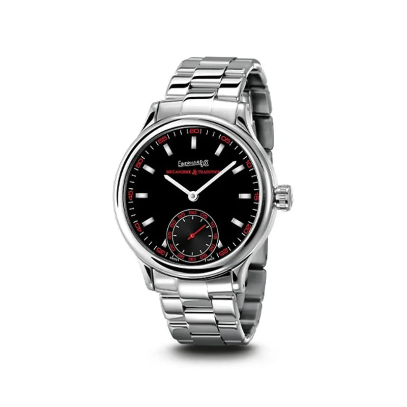 Eberhard & Co Orologio Traversetolo quadrante nero con scala minuti rossa, bracciale acciaio Chaland 21016.14/21116.14 CA