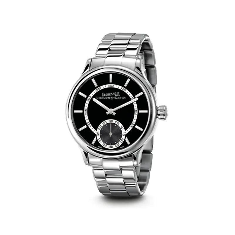 Eberhard & Co Orologio Traversetolo quadrante nero con bracciale Chaland in acciaio, display analogico 21116.16 CA2