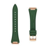 Frederique Constant Cinturino verde gomma vista posteriore con logo impresso e dettaglio fibbia oro rosa FCR-NHDGR21.5X14-RGP
