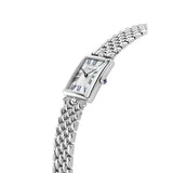 Frederique Constant Classics Art Deco Carree vista laterale dettaglio corona con cabochon blu e bracciale acciaio FC-200MPW2AC6B