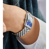 Frederique Constant Classics Art Deco Carree blu vista indossata bracciale acciaio mesh corona cabochon blu FC-200N2AC6B