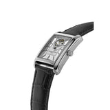 Frederique Constant Classics Carree Heart Beat Automatic vista laterale cassa acciaio e corona, cinturino coccodrillo nero FC-311S4C26