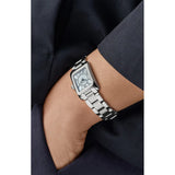 Frederique Constant Classics Carree Ladies indossato su polso donna bracciale acciaio quadrante azzurro FC-200LBMC26B
