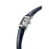 Frederique Constant Classics Carree Ladies vista laterale cassa acciaio lucido corona e cinturino pelle blu coccodrillo FC-200MC26