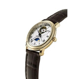 Frederique Constant Classics Heart Beat Moonphase Date vista laterale, dettaglio corona e cassa oro giallo con cinturino coccodrillo FC-335MC4P5