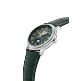 Frederique Constant Classics Heart Beat Moonphase Date vista laterale cassa acciaio e cinturino pelle verde coccodrillo FC-335MCGRW4P26