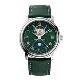 Frederique Constant Classics Heart Beat Moonphase Date quadrante verde guilloché con fasi lunari e cinturino pelle verde FC-335MCGRW4P26