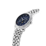 Frederique Constant Classics Index Business Timer vista laterale cassa acciaio quadrante blu fasi lunari FC-270N4P6B