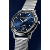 Frederique Constant Classics Moneta Moonphase dettaglio quadrante blu soleil fase lunare e lunetta scanalata stile moneta FC-206N3S6B