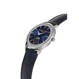 Frederique Constant Classics Moneta Moonphase vista laterale, lunetta scanalata stile moneta e quadrante blu sunray FC-206N3S6
