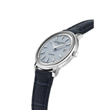 Frederique Constant Classics Moneta Solarmetre vista laterale cassa acciaio, lunetta scanalata e corona con cinturino blu FC-120LB3S6