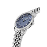 Frederique Constant Classics Premiere vista laterale cassa lucida quadrante blu e corona zigrinata in acciaio FC-301BL3B6B