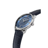 Frederique Constant Classics Premiere vista laterale cassa acciaio, quadrante blu con lancette foglia e corona FC-301N3B6