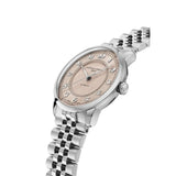 Frederique Constant Classics Premiere vista laterale cassa acciaio e quadrante salmone con numeri arabi applicati FC-301SAL3B6B