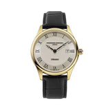 Frederique Constant Classics Quartz Date quadrante crema guilloché numeri romani cassa PVD oro cinturino pelle nera FC-220CR5B5