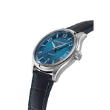 Frederique Constant Classics Runabout Automatic vista laterale quadrante blu numeri arabi applicati e corona acciaio FC-303RMLN5B6