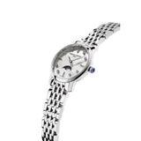 Frederique Constant Classics Slimline Ladies Moonphase vista laterale cassa sottile con corona blu e bracciale acciaio FC-206MPWD1S6B
