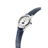 Frederique Constant Classics Slimline Ladies Moonphase vista laterale cassa acciaio, corona con cabochon blu e cinturino pelle FC-206MPWD1S6