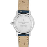 Frederique Constant Classics Slimline Ladies Moonphase fondello acciaio inciso con cinturino pelle blu, vista posteriore FC-206MPWD1S6