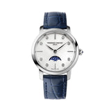 Frederique Constant Classics Slimline Ladies Moonphase quadrante madreperla bianco con diamanti, cinturino pelle blu FC-206MPWD1S6